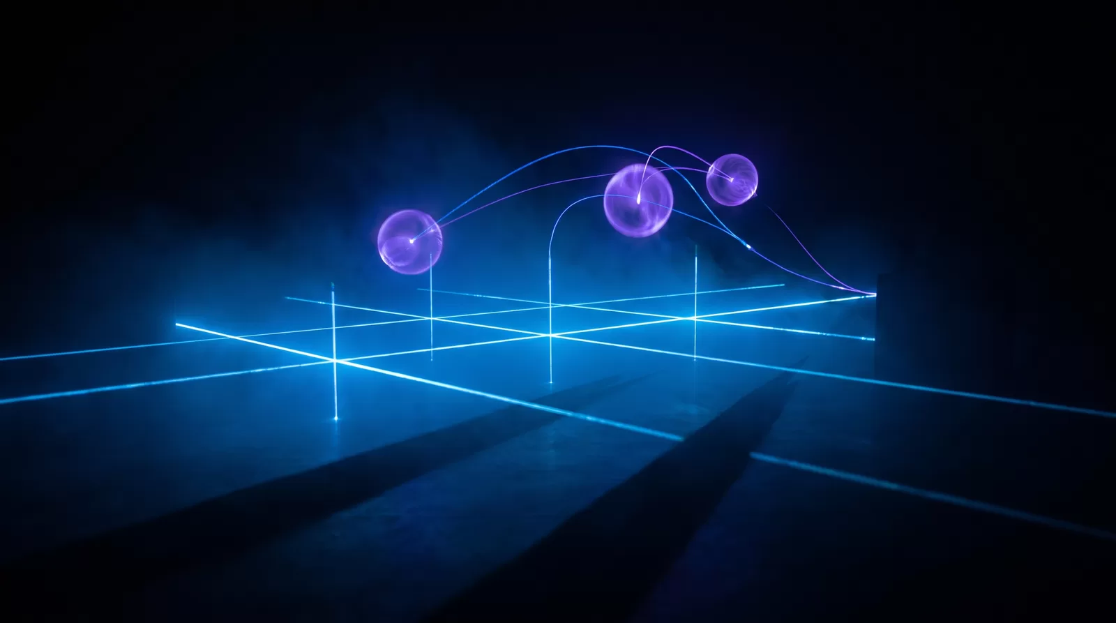 Una grilla luminosa azul con tres nodos violetas conectados por filamentos de luz